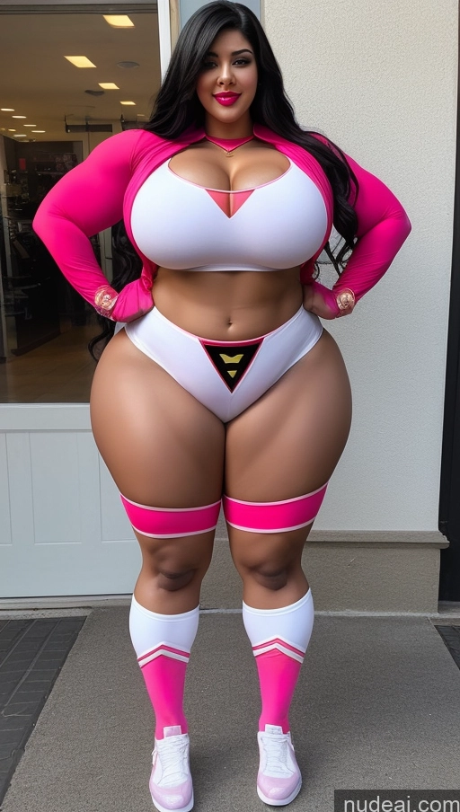 ai nude image of a woman in a pink and white outfit posing for a picture pics of Huge Boobs Lipstick Big Ass Abs Chubby Fairer Skin Black Hair Long Hair Indian Cosplay Superhero Muscular