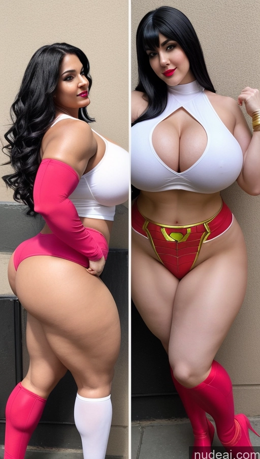 ai nude image of two pictures of a woman in a red and white outfit and a woman in a white top pics of Huge Boobs Lipstick Big Ass Abs Chubby Fairer Skin Black Hair Long Hair Indian Cosplay Superhero Muscular