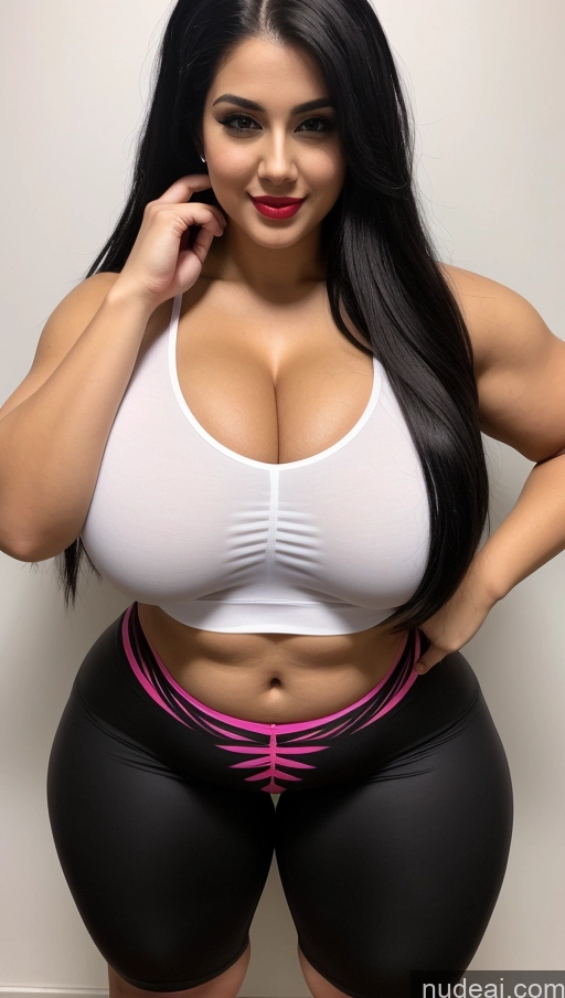 ai nude image of a close up of a woman in a white top and black shorts pics of Huge Boobs Lipstick Big Ass Abs Chubby Fairer Skin Black Hair Long Hair Indian Cosplay Muscular Front View 18