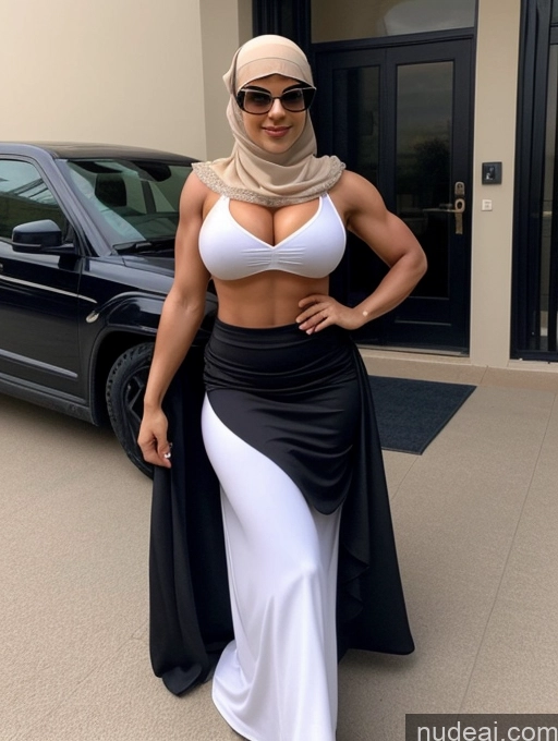 ai nude image of a woman in a white top and black skirt standing in front of a car pics of Busty Perfect Boobs Beautiful Muscular Abs Perfect Body Niqab High Heels Blouse Long Skirt