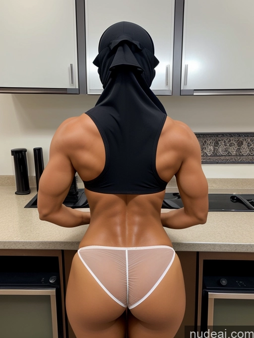 ai nude image of arafed woman in a black hood and white panties in a kitchen pics of Busty Perfect Boobs Beautiful Muscular Abs Perfect Body Niqab Lab Coat Soft + Warm Back View Thong