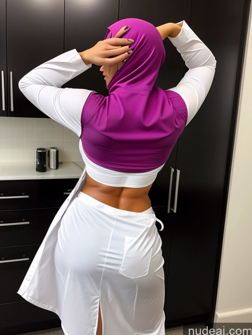 ai nude image of araffe in a purple hijab is standing in a kitchen pics of Busty Perfect Boobs Beautiful Muscular Abs Perfect Body Niqab Lab Coat Soft + Warm Back View Thong