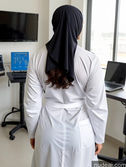 ai nude image of there is a woman in a white lab coat standing in front of a computer pics of Busty Perfect Boobs Beautiful Muscular Abs Perfect Body Niqab Lab Coat Soft + Warm Back View Thong