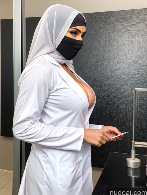 ai nude image of arafed woman in a white robe and black mask using a cell phone pics of Busty Perfect Boobs Beautiful Muscular Abs Perfect Body Niqab Lab Coat Soft + Warm Thong Side View