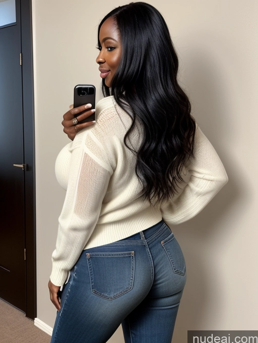 ai nude image of araffe woman in jeans and a sweater looking at her cell phone pics of Woman Huge Boobs Perfect Boobs Big Ass Big Hips 30s Black Hair Long Hair African Mirror Selfie Front View High Heels Jeans Sweater Cleavage