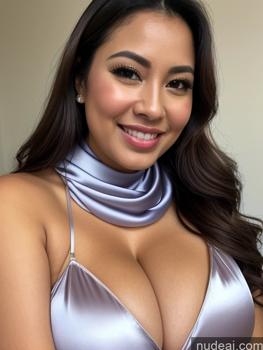 ai nude image of arafed woman in a silver dress posing for a picture pics of Woman One Huge Boobs Beautiful 30s Brunette Slicked Indonesian Close-up View Detailed Simple Busty Happy Blouse Cleavage Satin Scarf