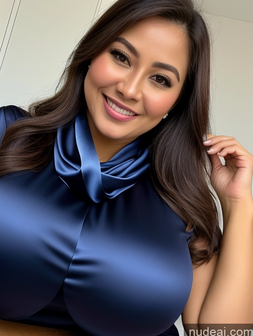 ai nude image of there is a woman in a blue top posing for a picture pics of Woman One Huge Boobs Beautiful 30s Brunette Slicked Indonesian Close-up View Detailed Simple Busty Happy Blouse Cleavage Satin Scarf