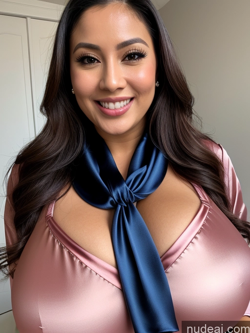 ai nude image of arafed woman in a pink top and blue tie posing for a picture pics of Woman One Huge Boobs Beautiful 30s Brunette Slicked Indonesian Close-up View Busty Happy Blouse Cleavage Satin Scarf