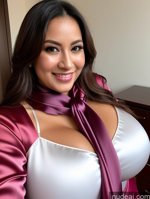 ai nude image of there is a woman wearing a satin shirt and a purple tie pics of Woman One Huge Boobs Beautiful 30s Brunette Slicked Indonesian Close-up View Busty Happy Blouse Cleavage Satin Scarf