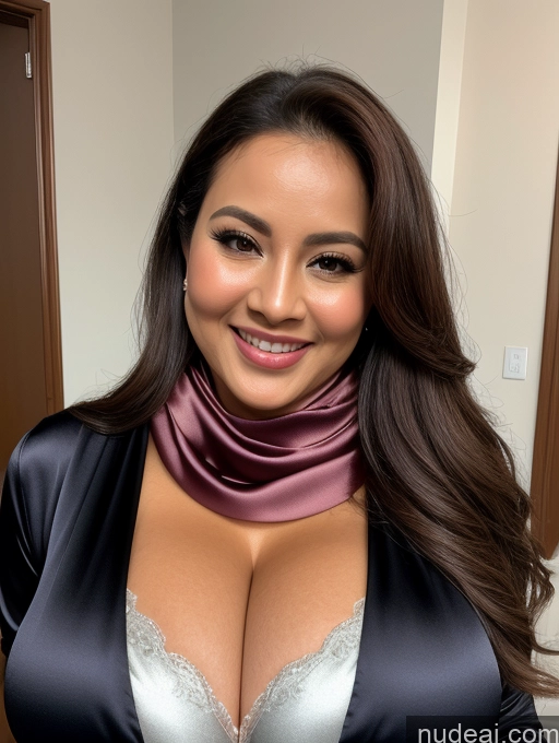 ai nude image of arafed woman in a black and silver dress posing for a picture pics of Woman One Huge Boobs Beautiful 30s Brunette Slicked Indonesian Close-up View Busty Happy Blouse Cleavage Satin Scarf