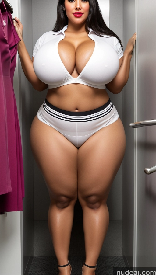 ai nude image of araffe woman in a white top and black skirt posing in a closet pics of Huge Boobs Lipstick Big Ass Abs Chubby Fairer Skin Black Hair Long Hair Indian Changing Room Flight Attendant