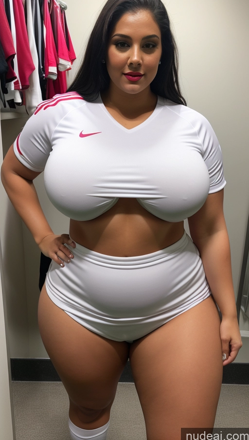 ai nude image of araffe woman in a white shirt and white shorts posing for a picture pics of Huge Boobs Lipstick Big Ass Abs Chubby Fairer Skin Black Hair Long Hair Indian Changing Room Soccer