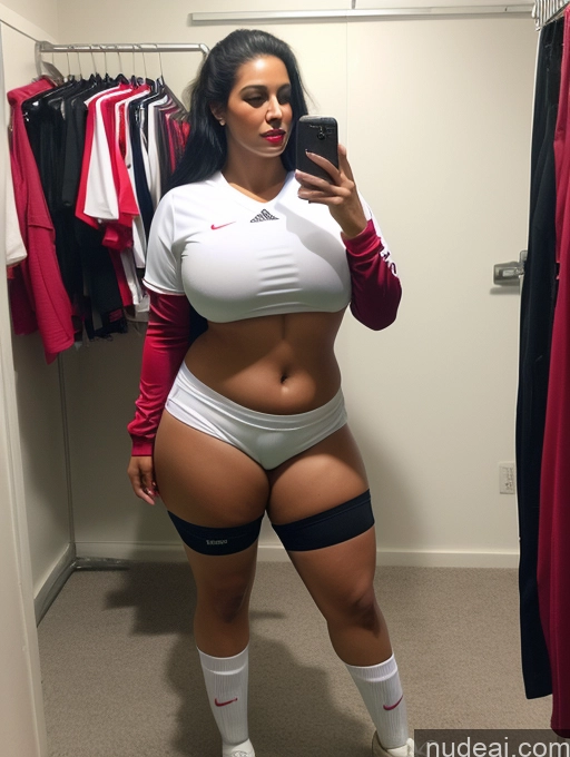 ai nude image of araffe woman in a white shirt and black shorts taking a selfie pics of Huge Boobs Lipstick Big Ass Abs Chubby Fairer Skin Black Hair Long Hair Indian Changing Room Soccer