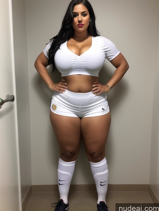 ai nude image of araffe woman in white shorts and a white shirt posing for a picture pics of Huge Boobs Lipstick Big Ass Abs Chubby Fairer Skin Black Hair Long Hair Indian Changing Room Soccer