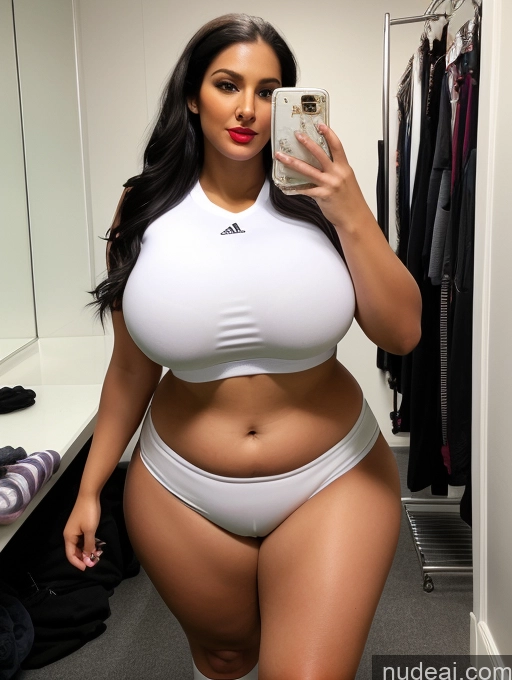 ai nude image of araffe woman in white underwear taking a selfie in a mirror pics of Huge Boobs Lipstick Big Ass Abs Chubby Fairer Skin Black Hair Long Hair Indian Changing Room Soccer