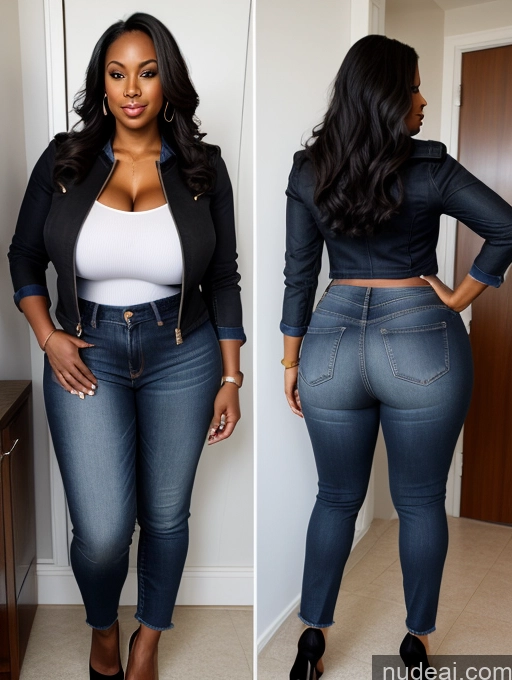 ai nude image of araffe woman in jeans and a jacket standing in a room pics of Woman Huge Boobs Perfect Boobs Big Ass Big Hips Perfect Body 30s Black Hair Long Hair African Cleavage Detailed Jeans Thick Bathroom Jacket Flight Attendant