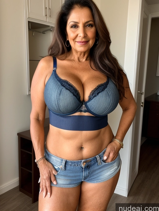 ai nude image of arafed woman in a blue bra top and denim shorts posing for a picture pics of Milf One Busty Big Ass 70s Long Hair Indian Bra Jeans Short Shorts Cleavage Thong Brunette