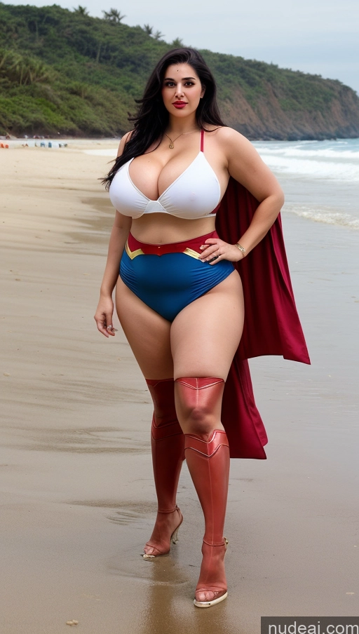 ai nude image of araffe woman in a superman costume walking on the beach pics of Huge Boobs Lipstick Big Ass Abs Chubby Fairer Skin Black Hair Long Hair Indian Beach Superhero