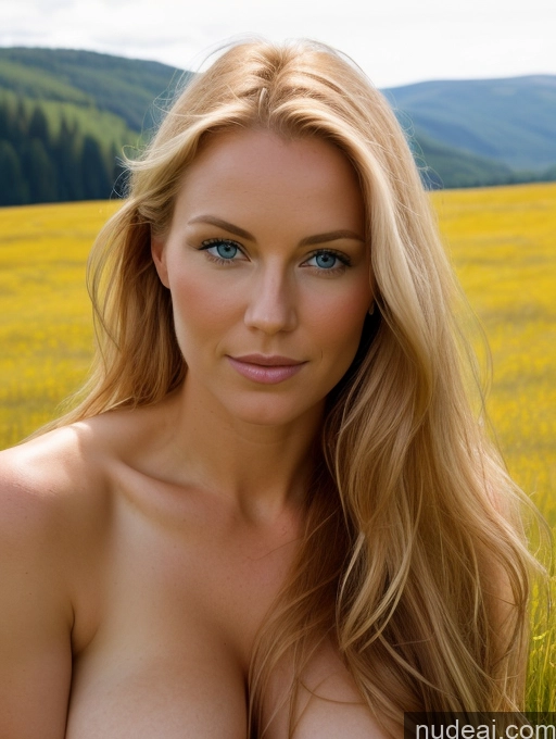 ai nude image of arafed woman with big breast posing in a field of yellow flowers pics of Busty Perfect Boobs Beautiful Perfect Body 30s Meadow Long Hair Ginger Nude Bright Lighting Detailed Woman Seductive Plank Scandinavian