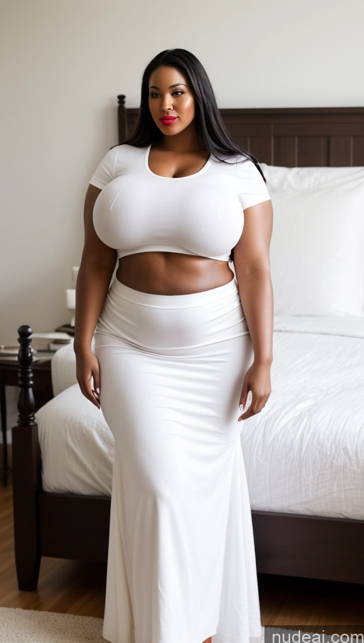 ai nude image of there is a woman standing in a white dress in a bedroom pics of Huge Boobs Lipstick Big Ass Abs Chubby Fairer Skin Black Hair Long Hair Front View Long Skirt Bedroom