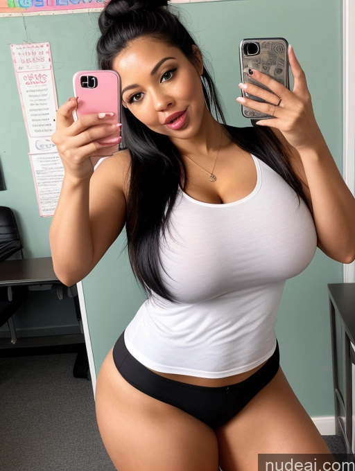 ai nude image of there is a woman taking a selfie in a white tank top pics of One Ahegao Alternative Huge Boobs Beautiful Big Ass Spreading Legs Black Hair Hair Bun 30s Woman Teacher Mirror Selfie Thick