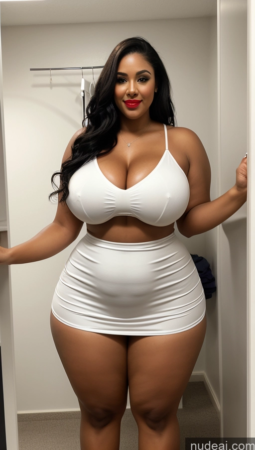 ai nude image of araffe woman in a white dress posing in a closet pics of Huge Boobs Lipstick Big Ass Abs Chubby Fairer Skin Black Hair Long Hair Front View Changing Room Wedding