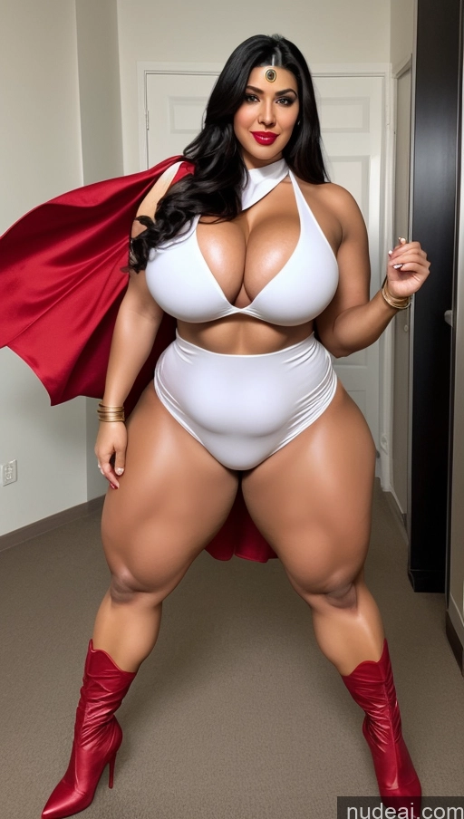 ai nude image of a woman in a white bodysuit and red cape posing for a picture pics of Huge Boobs Lipstick Big Ass Abs Chubby Fairer Skin Black Hair Long Hair Indian Superhero Muscular Cleavage