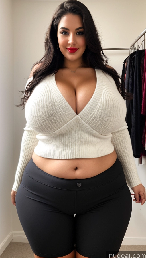 ai nude image of araffe woman in a white sweater and black shorts posing for a picture pics of Huge Boobs Lipstick Big Ass Abs Chubby Fairer Skin Black Hair Long Hair Changing Room Sweater Indian