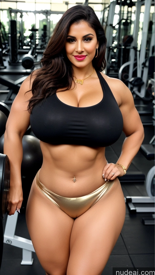 ai nude image of arafed woman in a black top and gold bikini posing in a gym pics of Huge Boobs Lipstick Muscular Big Ass Abs Chubby Fairer Skin Black Hair Long Hair Sari Gold Jewelry Working Out Gym