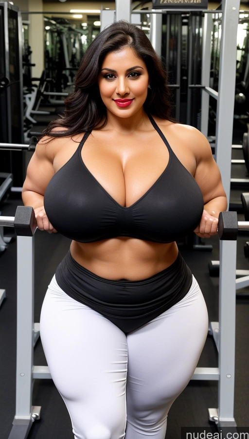 ai nude image of araffe woman in a black top and white pants posing for a picture pics of Huge Boobs Lipstick Muscular Big Ass Abs Chubby Fairer Skin Black Hair Long Hair Sari Working Out Gym