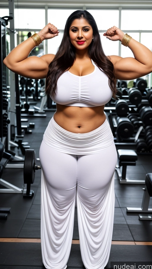 ai nude image of a woman posing in a gym with her arms up pics of Huge Boobs Lipstick Muscular Big Ass Abs Chubby Fairer Skin Black Hair Long Hair Working Out Gym Salwar Sari Traditional