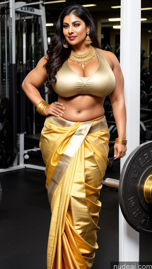 ai nude image of a woman in a gold sari posing for a picture in a gym pics of Huge Boobs Lipstick Muscular Big Ass Abs Chubby Fairer Skin Black Hair Long Hair Working Out Gym Indian Traditional Gold Jewelry Sari