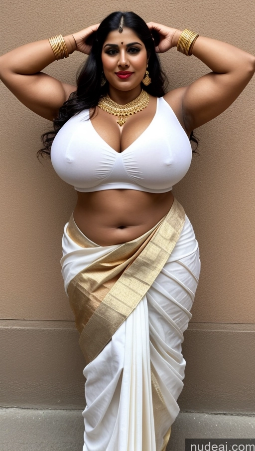 ai nude image of a woman in a white sari posing for a picture pics of Huge Boobs Lipstick Muscular Big Ass Abs Chubby Fairer Skin Black Hair Long Hair Indian Traditional Gold Jewelry Sari T-pose