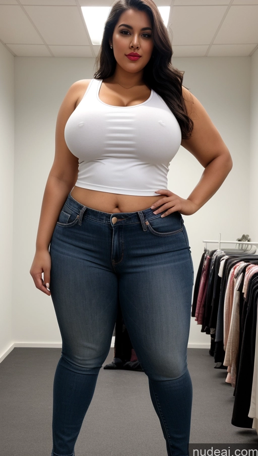 ai nude image of araffe woman in white tank top and jeans posing for a picture pics of Huge Boobs Lipstick Big Ass Abs Chubby Fairer Skin Long Hair Indian Jeans Changing Room 18 Black Hair Blouse Tank Top Big Hips