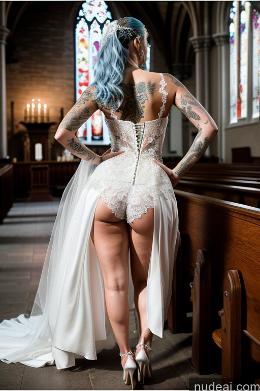 ai nude image of arafed woman in a wedding dress sitting on a pew in a church pics of Perfect Boobs Tattoos Pubic Hair Long Hair Fairer Skin Serious Blue Hair Film Photo Church High Heels Cleavage Wedding Back View