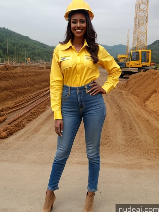 ai nude image of arafed woman in a yellow shirt and jeans posing for a picture pics of Miss Universe Model Busty Perfect Boobs Beautiful Small Ass Long Legs Perfect Body 20s Ethiopian Front View Construction Worker