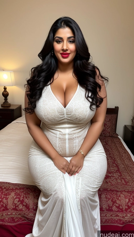 ai nude image of araffe woman in a white dress sitting on a bed pics of Huge Boobs Big Ass Abs Lipstick Chubby Fairer Skin Black Hair Long Hair Indian Front View Bedroom Salwar Orgasm