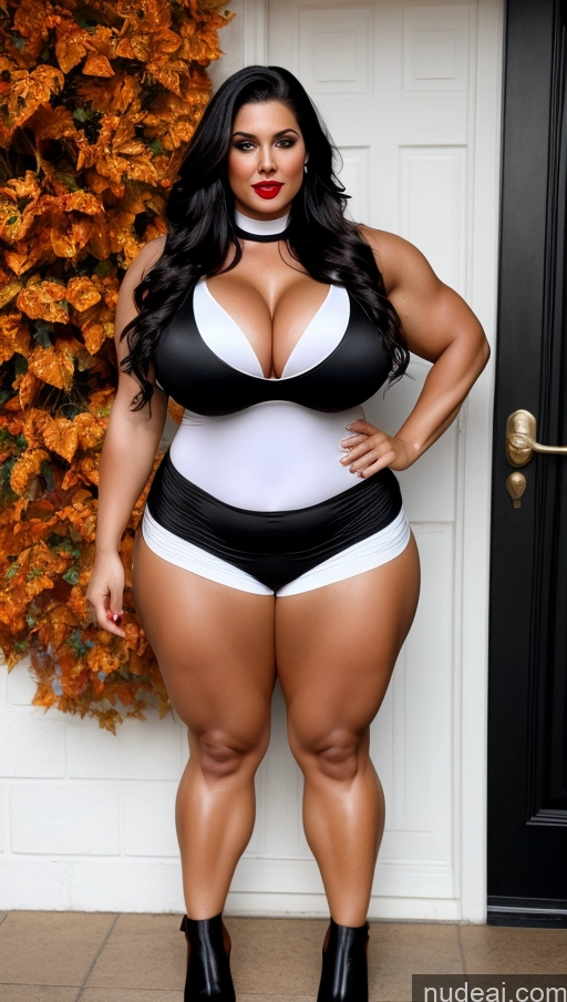 ai nude image of a woman in a black and white bodysuit posing for a picture pics of Huge Boobs Lipstick Muscular Big Ass Abs Chubby Fairer Skin Black Hair Long Hair Indian Halloween