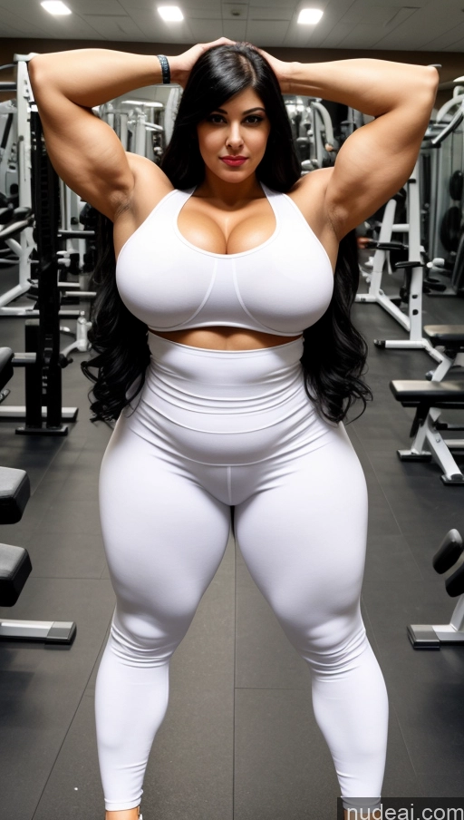 ai nude image of arafed woman in white sports bra top and leggings posing in a gym pics of Huge Boobs Lipstick Muscular Big Ass Abs Chubby Fairer Skin Black Hair Long Hair Indian Cosplay Gym T-pose