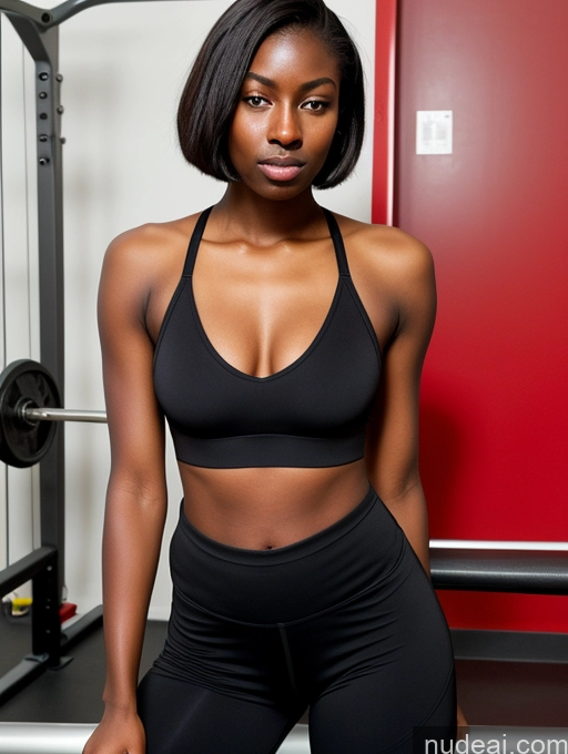 ai nude image of there is a woman in a black top and black shorts posing for a picture pics of Woman One Small Tits Small Ass Skinny Long Legs Tall Dark Skin 18 Orgasm Shocked Angry Bobcut Black Gym Spreading Legs Sports Bra Suit