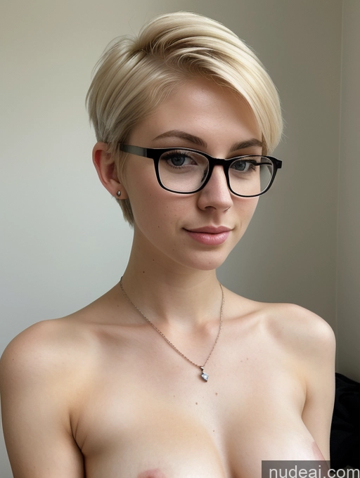 ai nude image of blond woman with glasses and a necklace posing naked pics of Woman Perfect Boobs Perfect Body Fairer Skin Beautiful 18 Sexy Face Blonde Russian Front View Jewelry Glasses Pixie