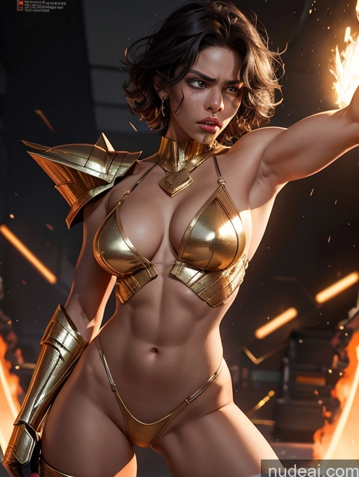 ai nude image of a close up of a woman in a bikini with a sword pics of Muscular Superheroine Angry Messy Black Dark Skin Powering Up Gold Jewelry Partially Nude Superhero Sci-fi Armor Science Fiction Style 18 Cleavage Transparent Small Tits