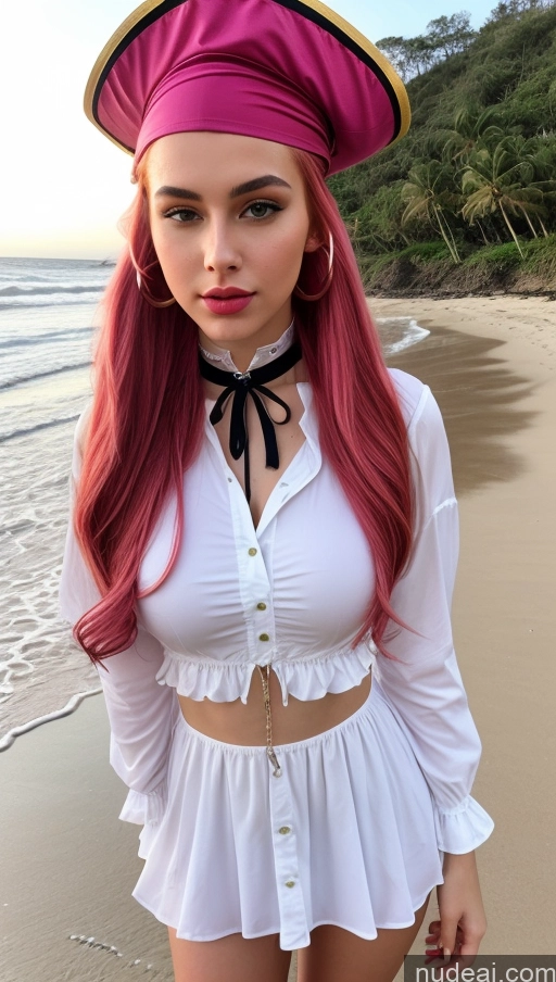 ai nude image of arafed woman with pink hair wearing a pink hat and white shirt pics of Sorority Busty Skinny Perfect Body Oiled Body 18 Seductive Pouting Lips Ginger Pigtails German Skin Detail (beta) Beach Blouse Boots Choker Cosplay Dress Hat Jacket Pirate Detailed Huge Tits, Hard Nipples