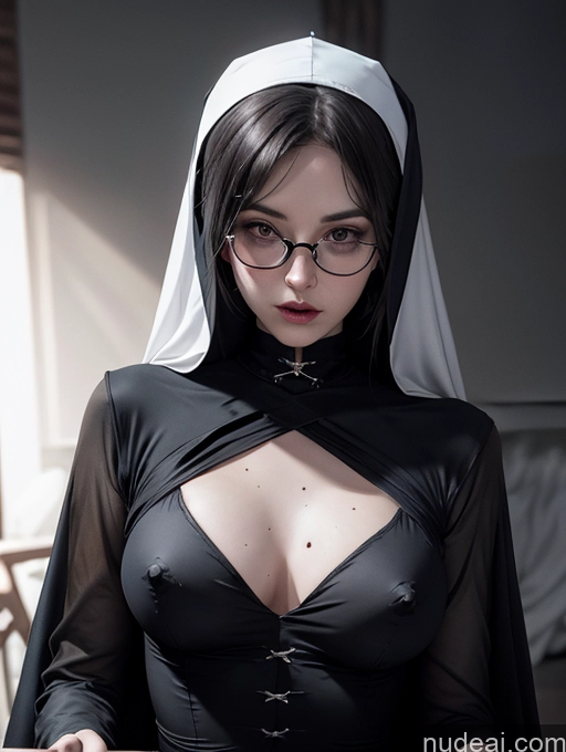 ai nude image of nun with glasses and a black dress holding a book pics of 50s Goth Nun Cum On Belly Perfect Body Pubic Hair Close-up View Shocked Dark_Fantasy_Style Skinny Small Tits Glasses Dark Lighting Victorian Devil Hell Alternative Two Transparent Fur