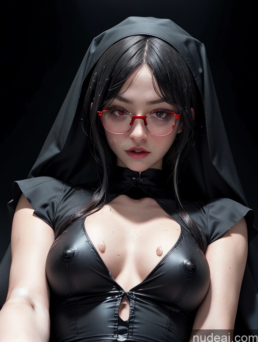 ai nude image of there is a woman in a black dress and red glasses pics of 50s Goth Nun Cum On Belly Perfect Body Pubic Hair Close-up View Shocked Dark_Fantasy_Style Skinny Small Tits Glasses Dark Lighting Victorian Devil Hell Alternative Two Transparent Fur