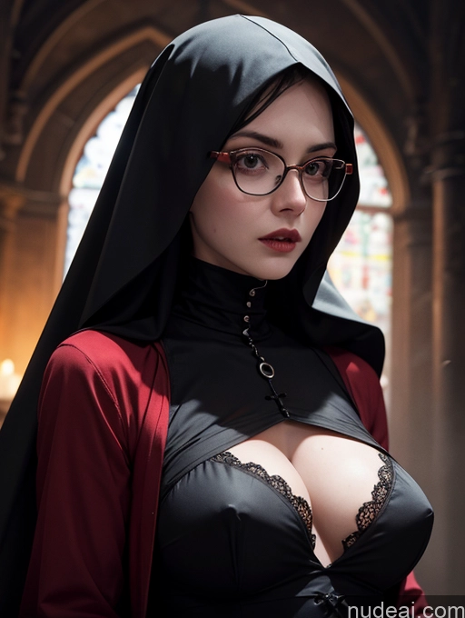 ai nude image of arafed woman in a black and red outfit with glasses and a hood pics of 50s Goth Nun Perfect Body Pubic Hair Close-up View Shocked Dark_Fantasy_Style Skinny Small Tits Glasses Dark Lighting Victorian Devil Hell Alternative Two Transparent Fur