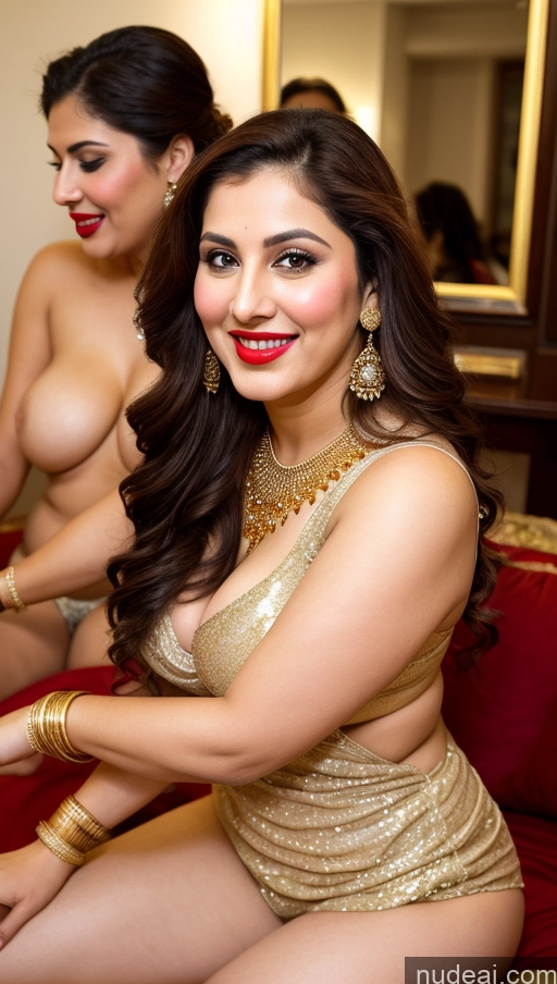 ai nude image of there are two women in gold dresses posing for a picture pics of Milf Busty Beautiful Lipstick Thick Chubby Big Hips Fairer Skin 20s Happy Seductive Brunette Long Hair Russian Party Front View Spreading Legs Cleavage Gold Jewelry Salwar