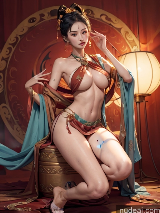 ai nude image of arafed woman in oriental costume sitting on a chair with a blue scarf pics of Model One Perfect Boobs Skinny Oiled Body 18 Blue Hair Slicked Japanese High Heels Dunhuang (敦煌) V1