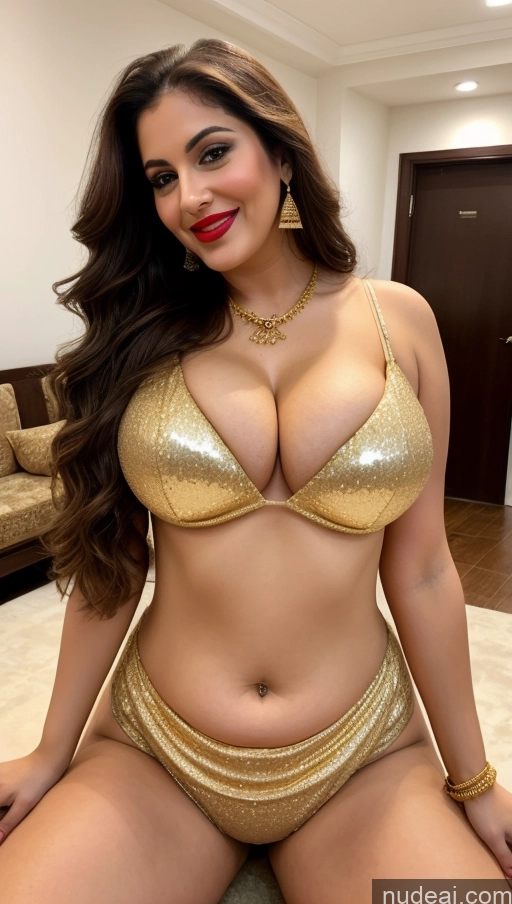 ai nude image of a close up of a woman in a gold bikini posing for a picture pics of Milf Busty Beautiful Lipstick Thick Chubby Big Hips Fairer Skin 20s Happy Seductive Brunette Long Hair Russian Party Front View Spreading Legs Cleavage Gold Jewelry Salwar