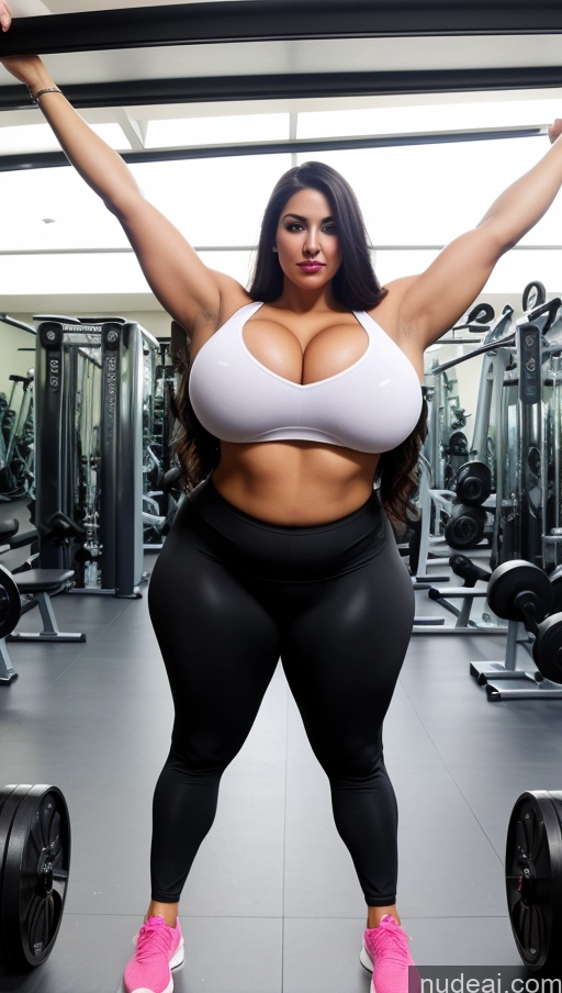 ai nude image of arafed woman in a white bra top and black leggings in a gym pics of Huge Boobs Lipstick Big Ass Abs Chubby Fairer Skin Black Hair Long Hair Indian Cosplay Gym T-pose Muscular